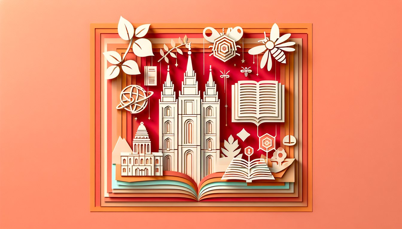 Paper art coral background with temple silhouette beehive and LDS trivia quiz invitation.