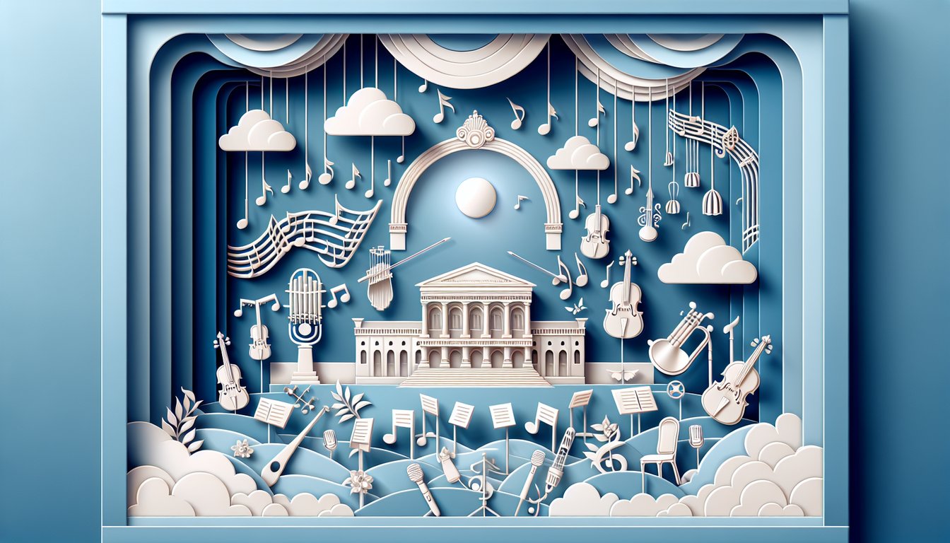 Paper art illustration featuring opera masks, sheet music and quiz cards on sky blue background testing opera trivia