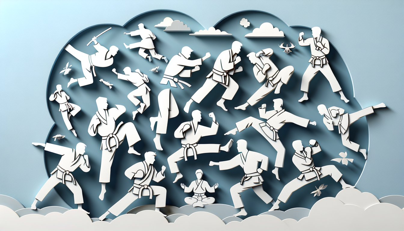 Paper art illustration for martial arts personality and fitness level quiz on sky blue background