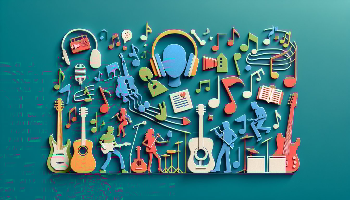 Paper art style vinyl record headphones music notes quiz theme on teal background with colorful paper shapes