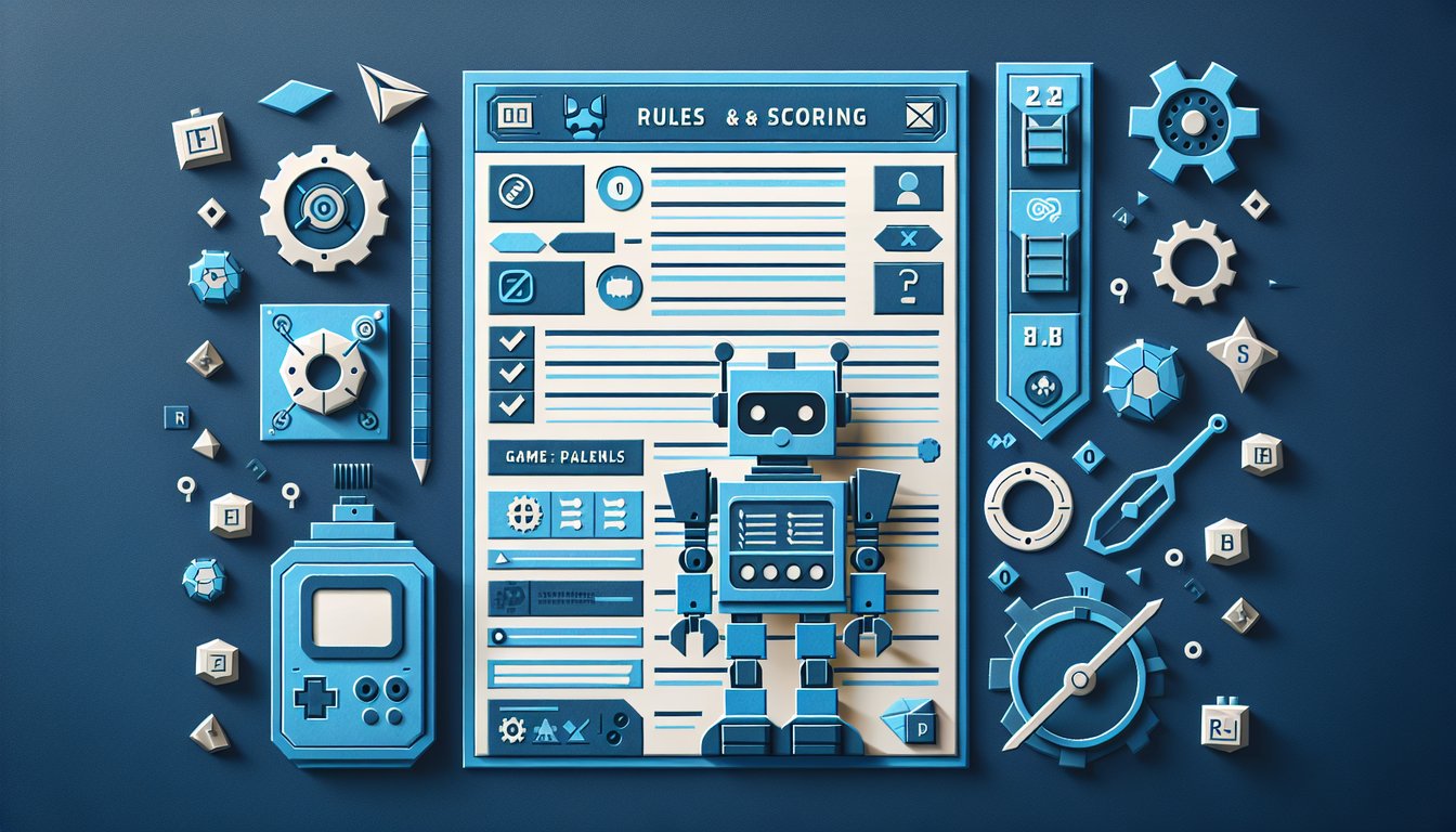 Colorful paper art display representing a Robotics Game Rules and Scoring Quiz