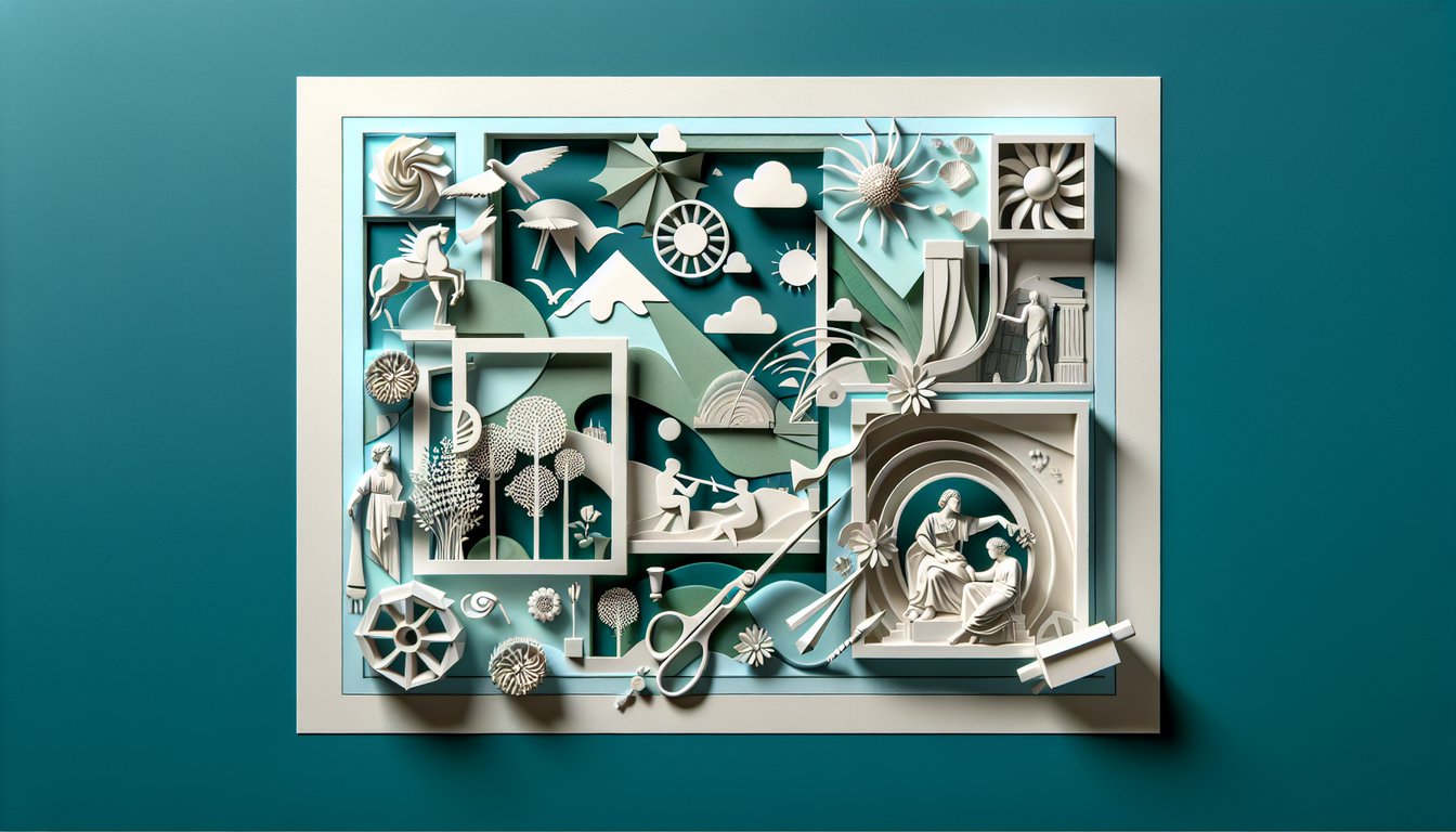 Illustration for Famous Paintings Quiz with paper art of iconic masterpieces on teal background