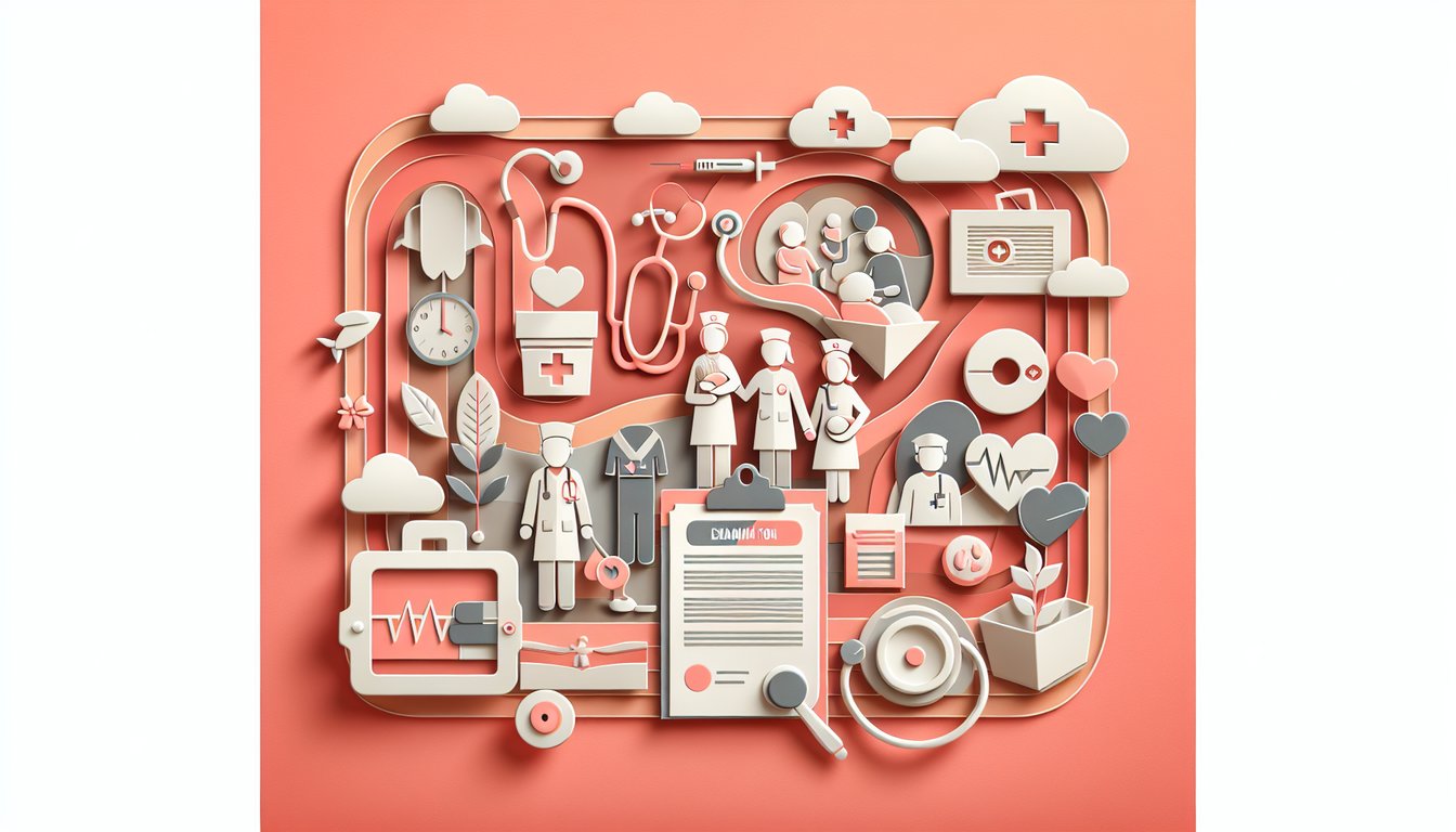 Paper art illustration for NCLEX intrapartum questions quiz on a coral background.