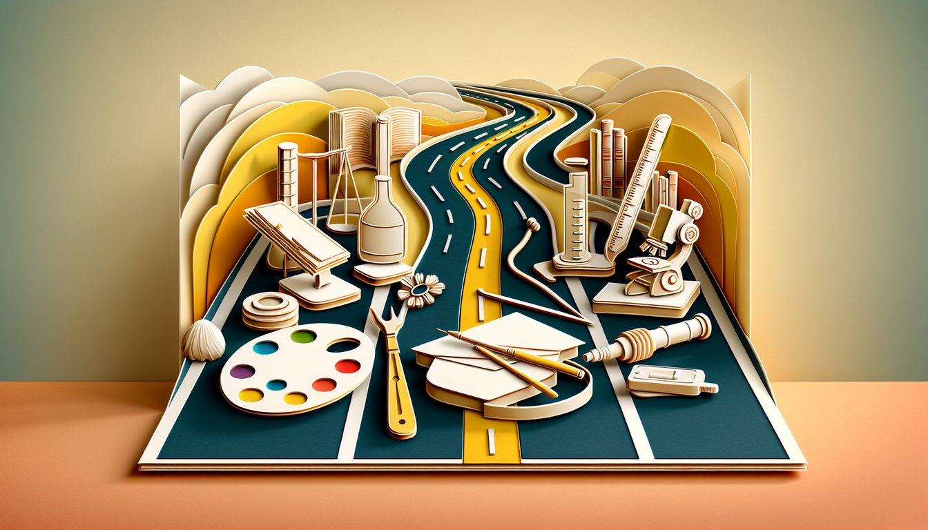 Paper art illustration for career quiz on golden yellow background