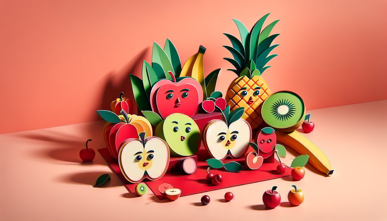 Colorful paper art fruits apple banana cherry orange strawberry on coral background with playful quiz text layout
