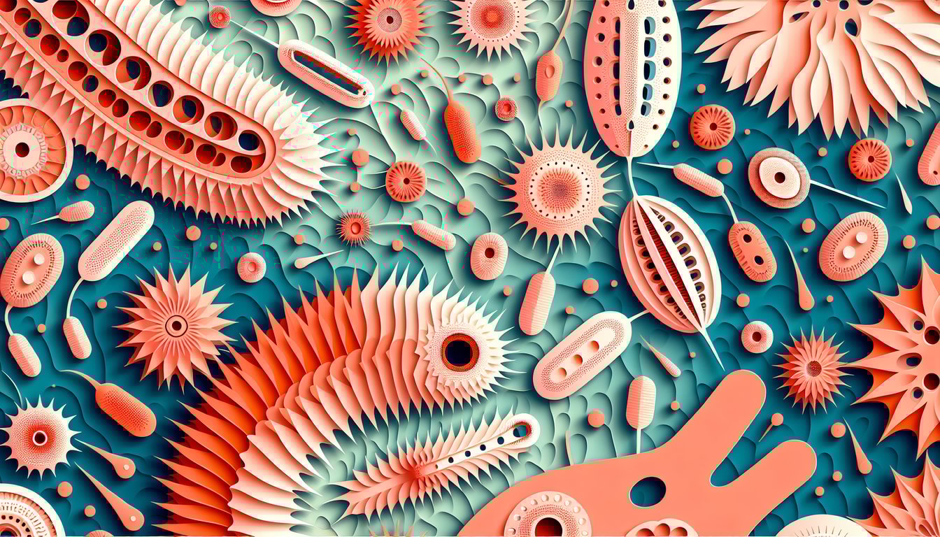 Paper art illustration of microscopic rotifers on a coral background for free Phylum Rotifera quiz with classification notes