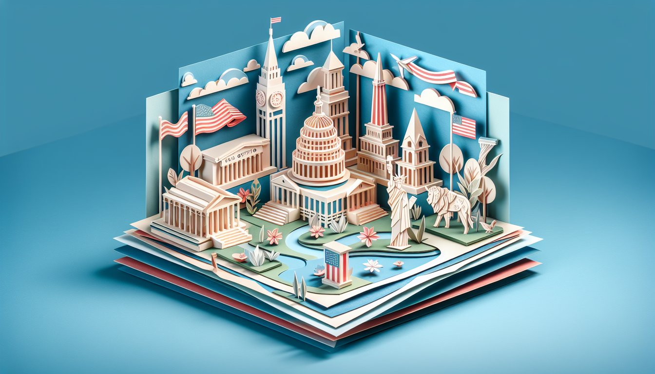 Paper art landscape showing United States map with landmarks and state symbols on sky blue background for trivia quiz
