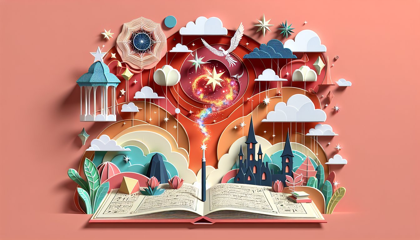 Paper art illustration for Harry Potter spell quiz on a coral background
