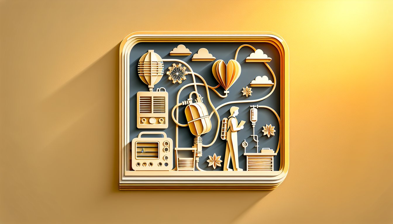 Paper art illustration showing cough assist vest IPV therapy vest airway clearance devices icons on golden yellow background