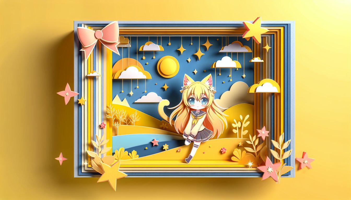 Paper art anime cat girl with ears tail and paw gloves on golden yellow background playful quiz banner