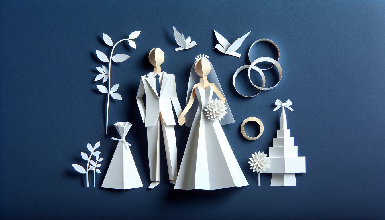 Colorful paper art depicting a bride and groom, representing a Wedding Couple Trivia Quiz.