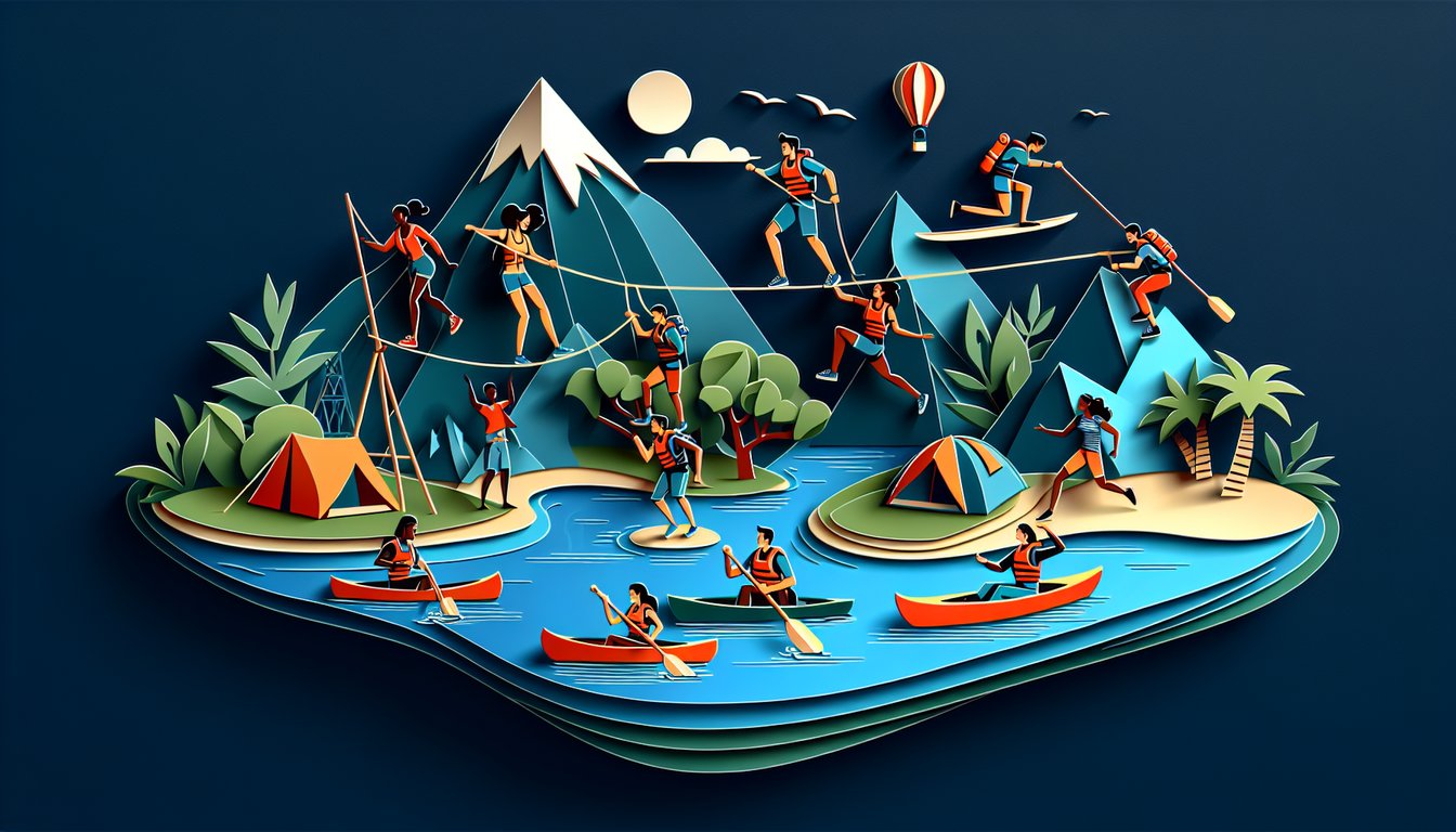 Paper art scene with cartoon campers and wild stunts on dark blue background for a Total Drama Island trivia quiz.