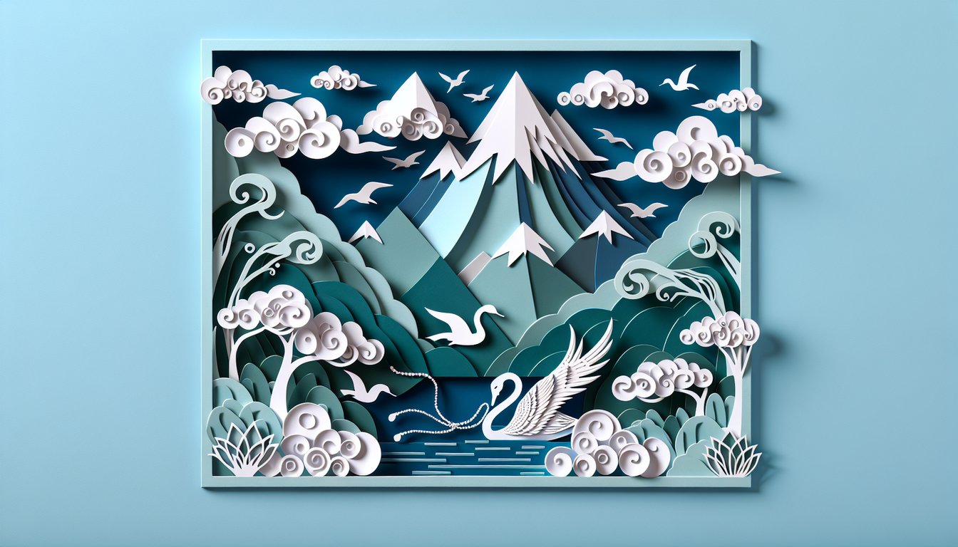 Paper cut art of swan necklace and mountain peaks on teal background for Thunder Rolling in the Mountains quiz chapters 4 5
