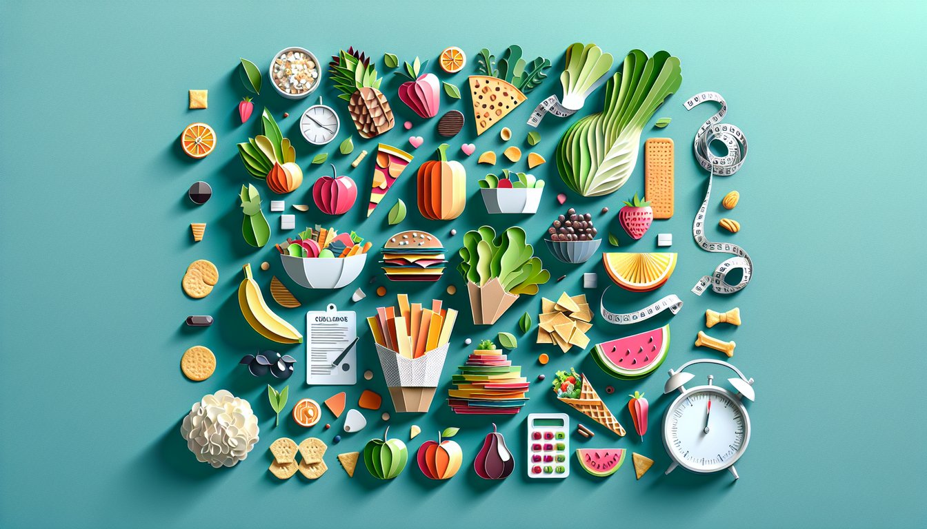 paper art showing cut paper food shapes utensils and scales on teal background promoting food addiction quiz