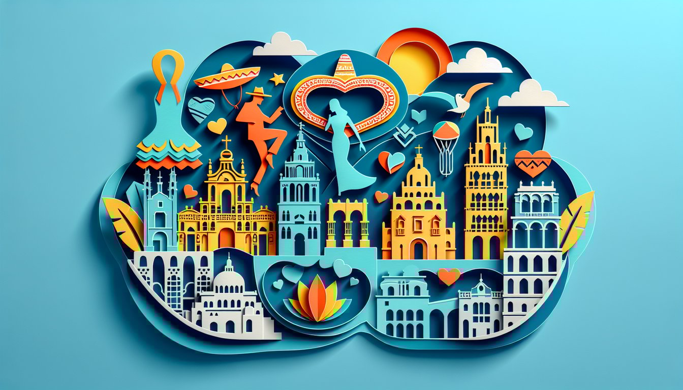 Paper art maps Spain Mexico Argentina with speech bubbles and Spanish accent quiz text on sky blue background