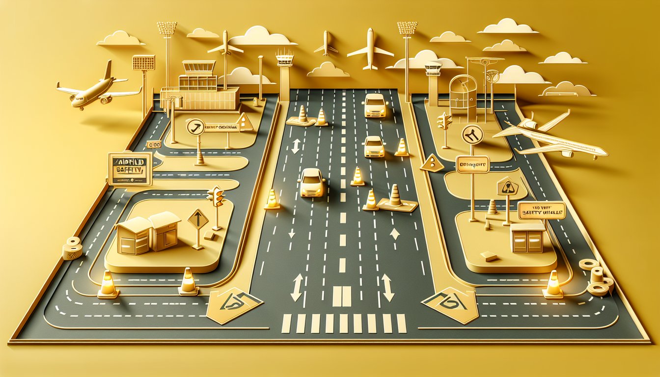 Paper art illustration for airfield driving quiz on a golden yellow background