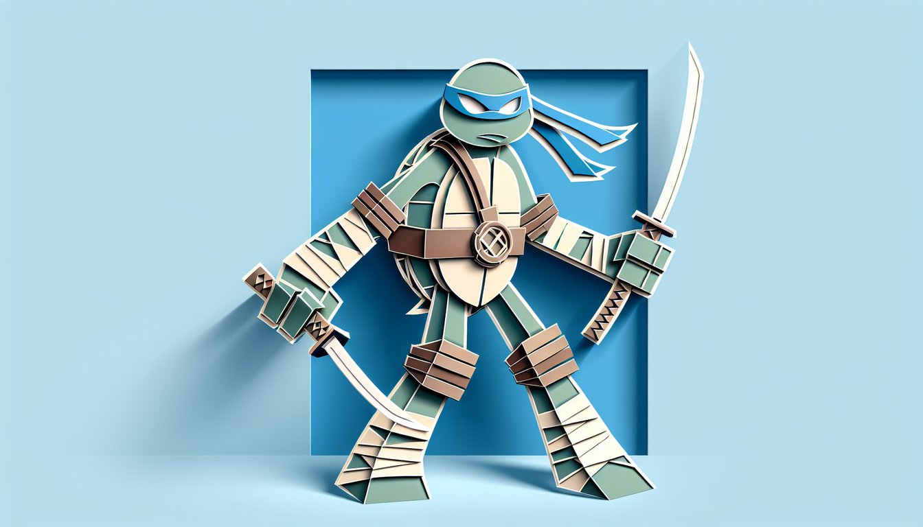 Paper art style Leonardo Teenage Mutant Ninja Turtle with quiz prompt Test your knowledge of Leonardo on sky blue background