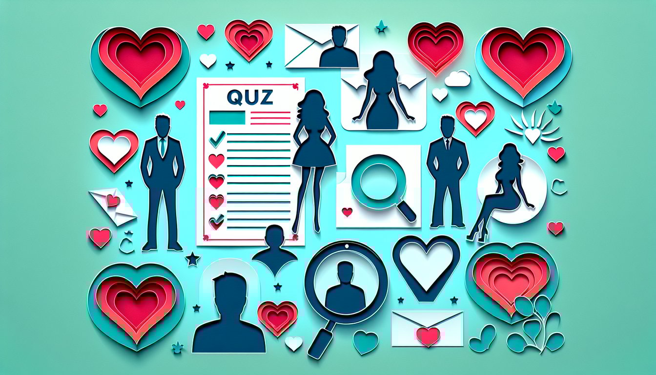 Paper art illustration for quiz about uncovering secret crushes on a teal background