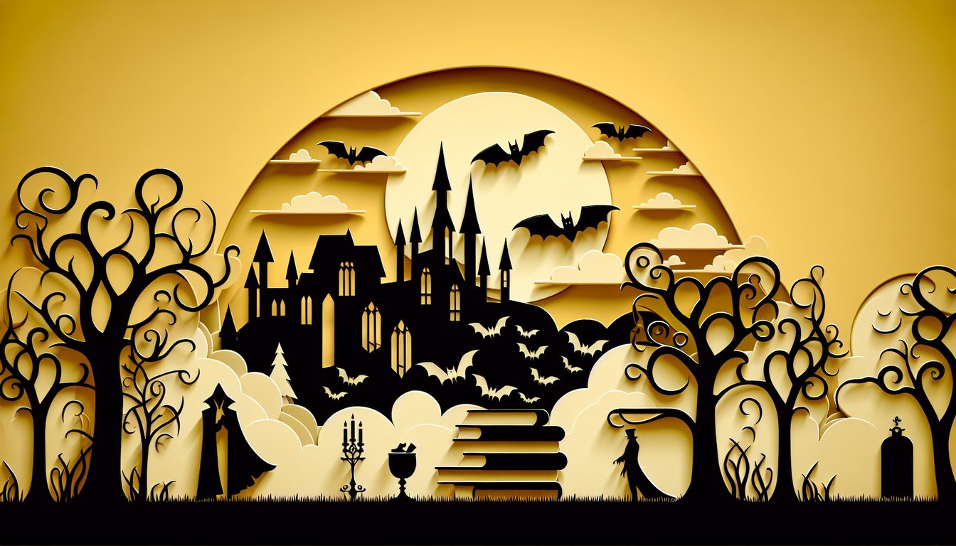 Paper art vampire face with fangs bats question marks on golden yellow background for vampire personality quiz