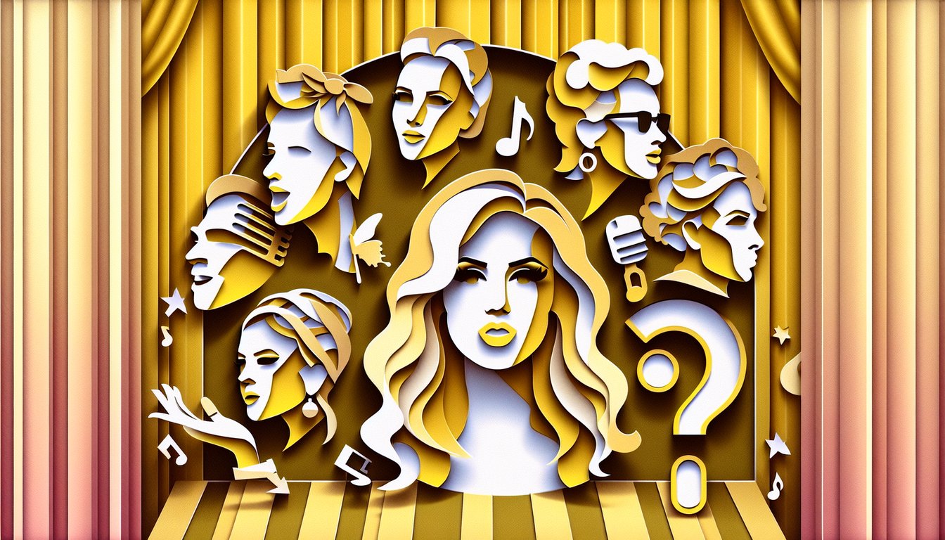 Paper art illustration for a quiz to discover your star persona as a singer on a golden yellow background