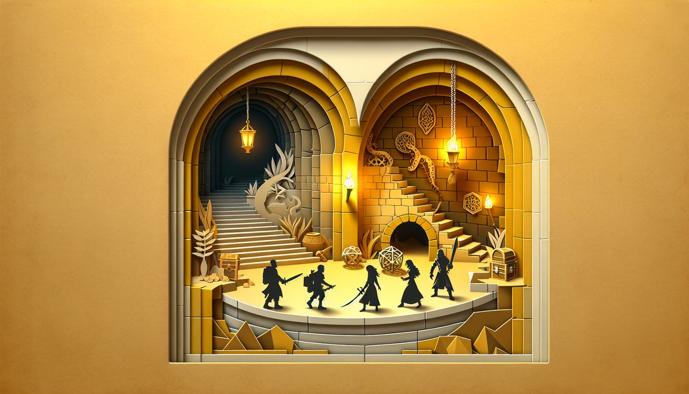 Paper art illustration for Delicious in Dungeon personality quiz on a golden yellow background