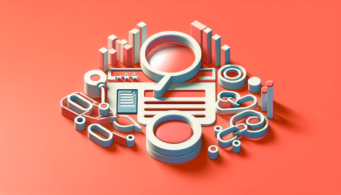 Paper art illustration for SEO quiz with keywords, ranking factors, and site structure on coral background.