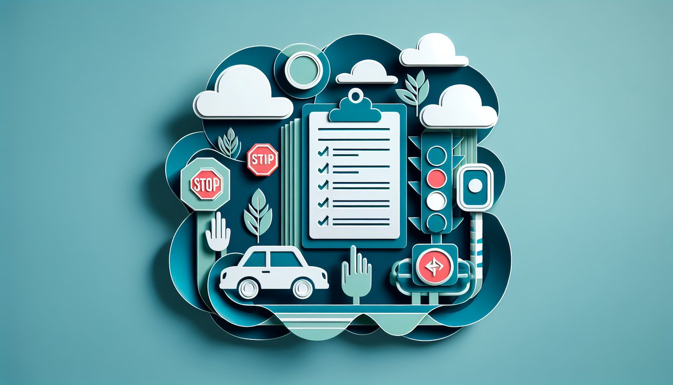 Paper art illustration for drivers ed quiz on teal background, encouraging users to test their road rules knowledge.