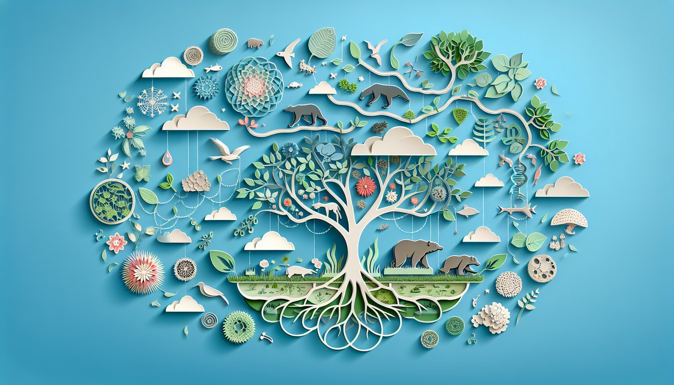 Paper art style illustration of plants insects birds fish and decomposers linked in a food web on a sky blue background