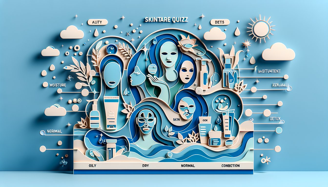 Paper art illustration showing Freeman mask jars leaves and petals with quiz invitation on sky blue background.