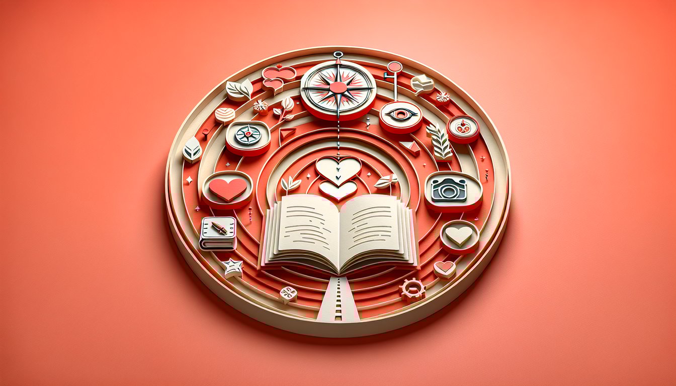 Paper art books heart shapes quiz to test personality and find your William Morrow New Adult hero on coral background