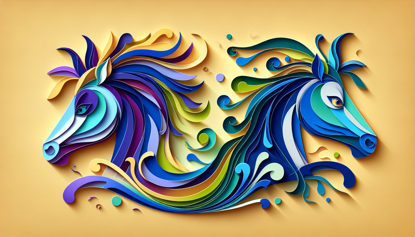 Paper art illustration for pony personality quiz on a golden yellow background