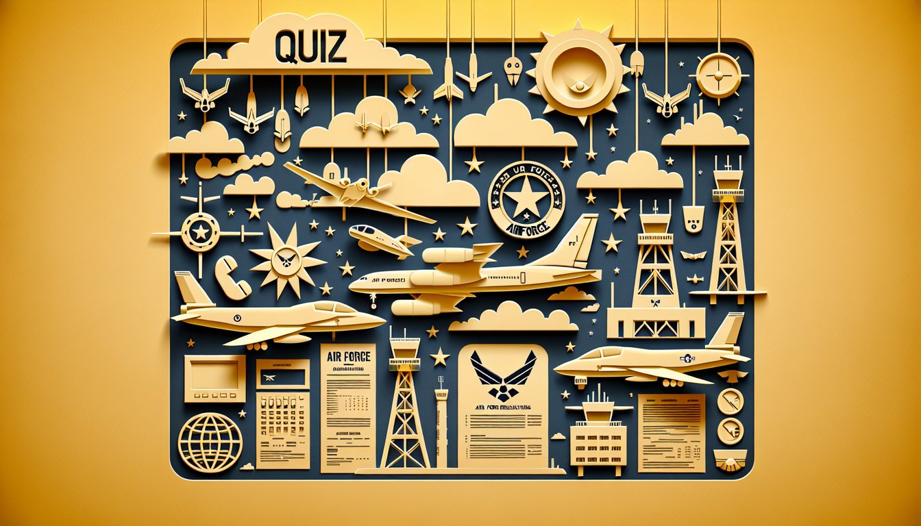 Paper art Air Force quiz on golden yellow background featuring AFI 10-201 and MPTO 00-33A-1001 regulations challenge