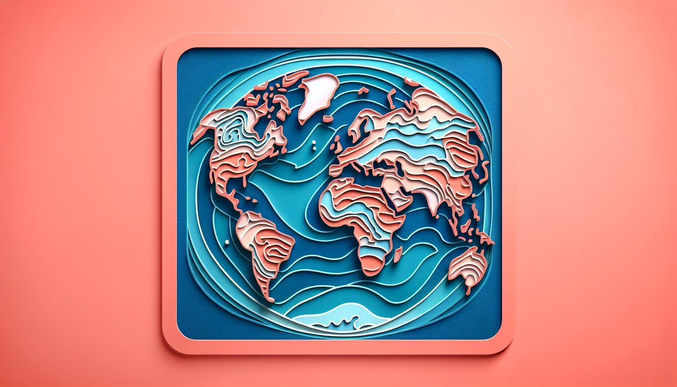 Paper art world map showing continents and oceans on coral background stylized quiz design
