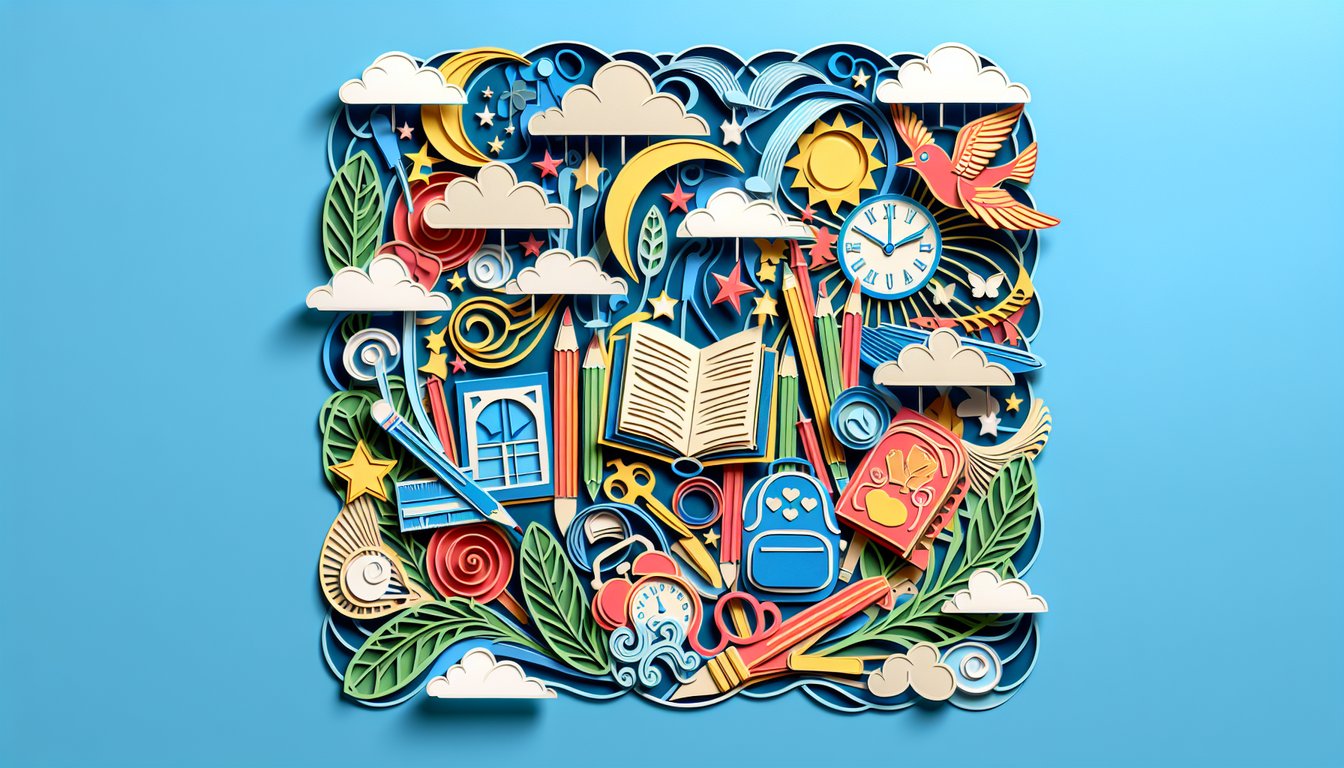 Paper cut art of a school sweater birthday cake and open book on sky blue background for Eleven story quiz