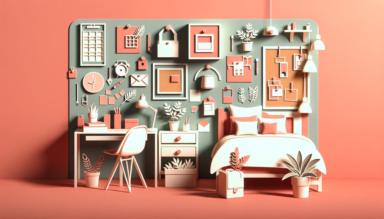 Paper art illustration for dorm room style quiz on a coral background