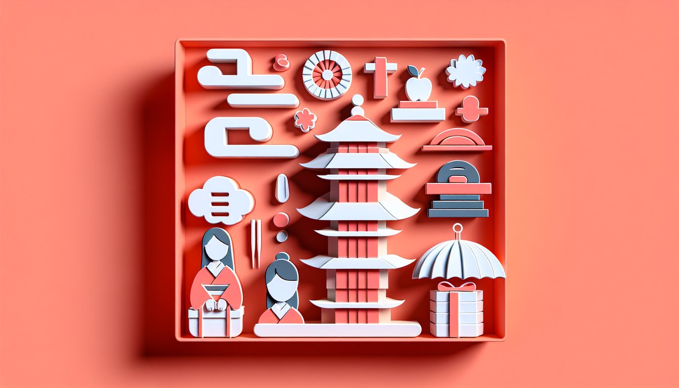 Paper art quiz design on coral background showing Japanese personal pronouns with stylized cutout letters and shapes.