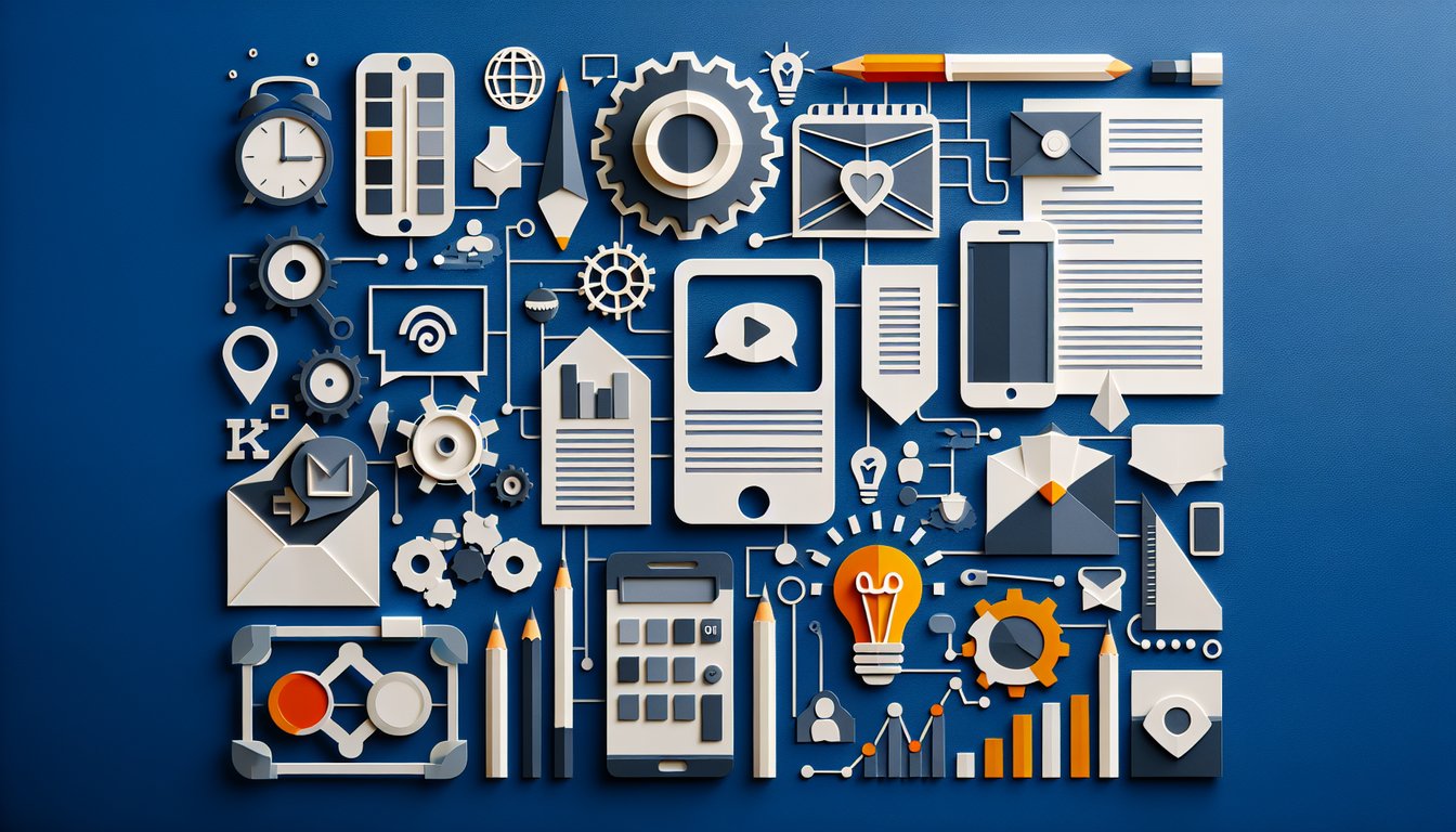 Colorful paper art depicting elements of digital promotion and media for a knowledge test quiz.