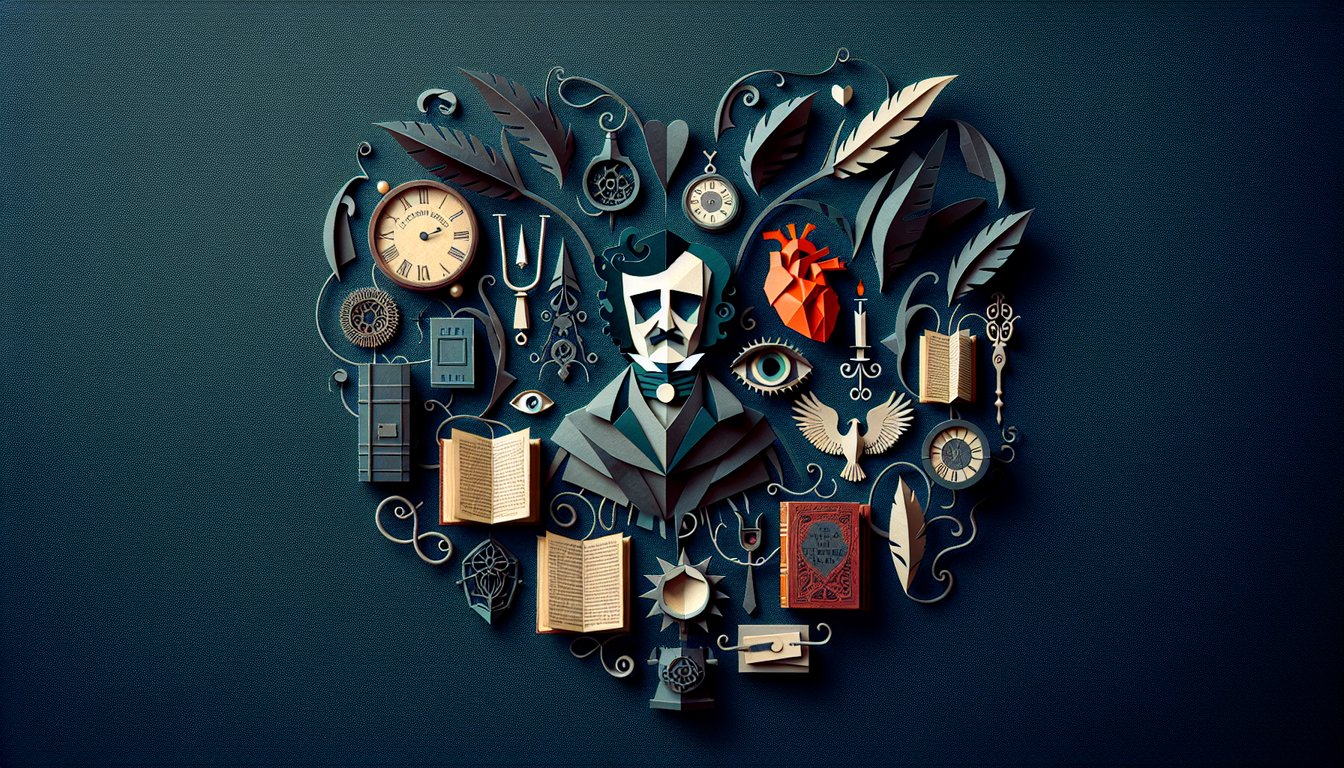 Paper art illustrating a trivia quiz on Edgar Allan Poes The Telltale Heart for high school students.