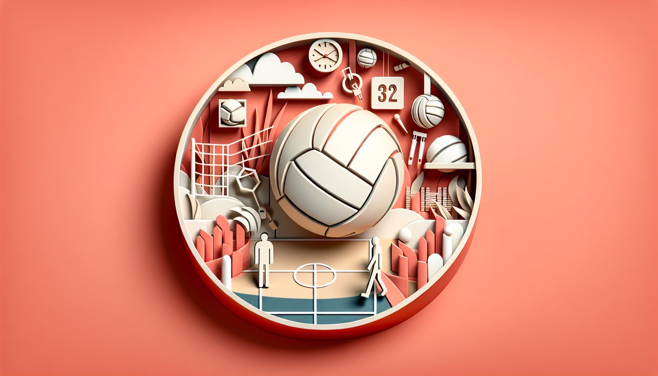 Paper art volleyball quiz scene on coral background, with cutout ball net and rulebook icons