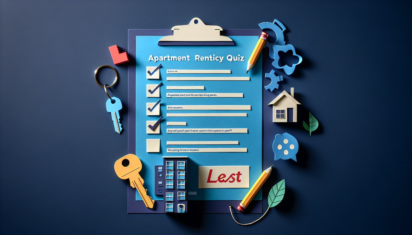 Colorful paper art depicting elements related to an apartment rental policy quiz.