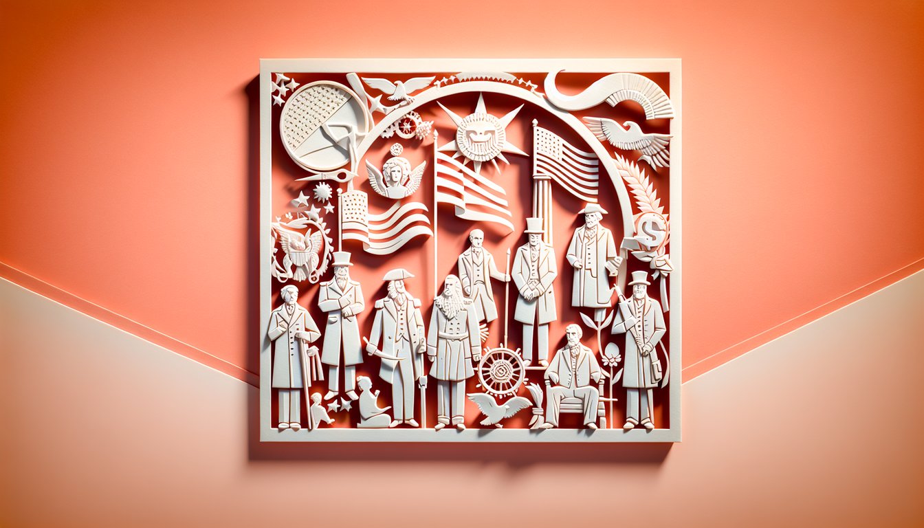 Paper art illustration promoting a free US History EOC practice test on a coral background
