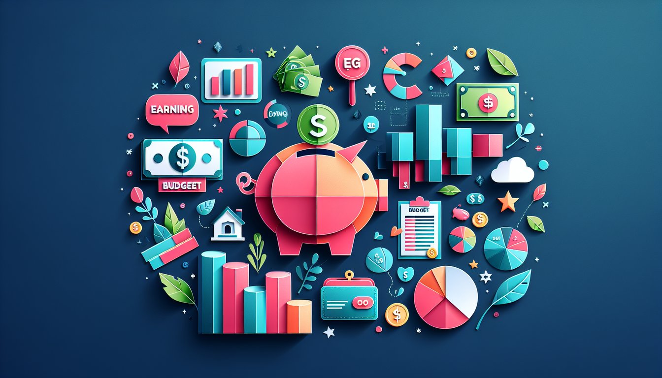 Colorful paper art promoting Earn  Spend Smart trivia quiz for middle school students.