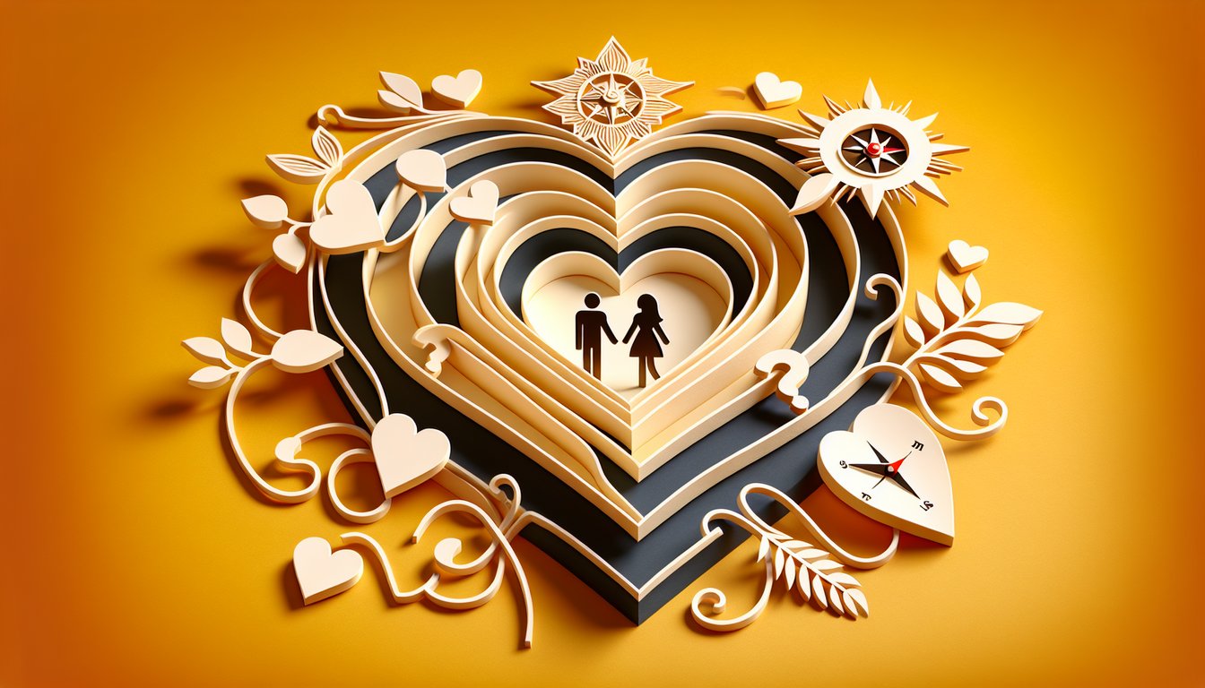 Paper art illustration for compatibility quiz with crush on golden yellow background