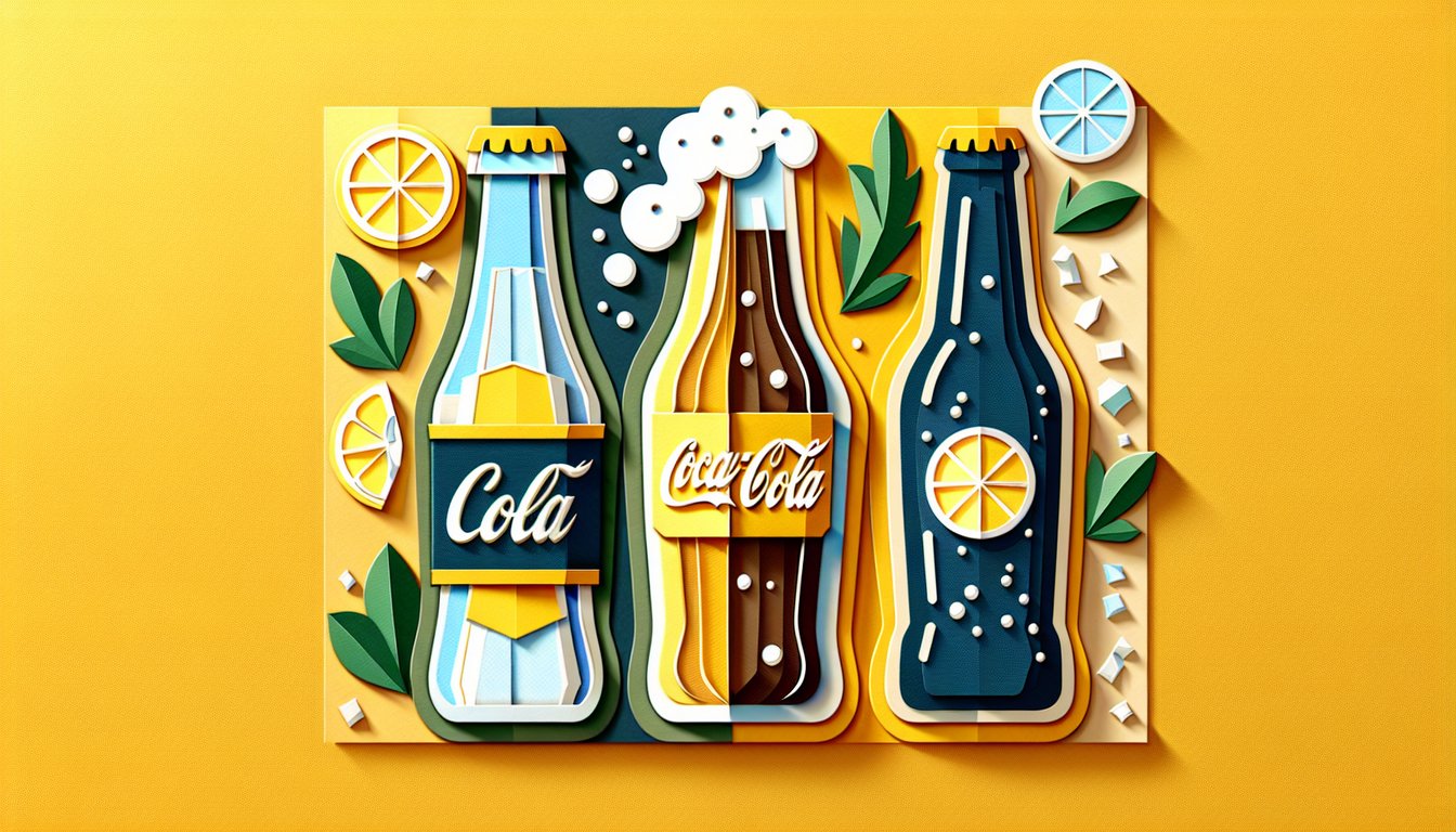 Paper art soda bottles cans hover on golden yellow background evoking playful personality quiz vibe