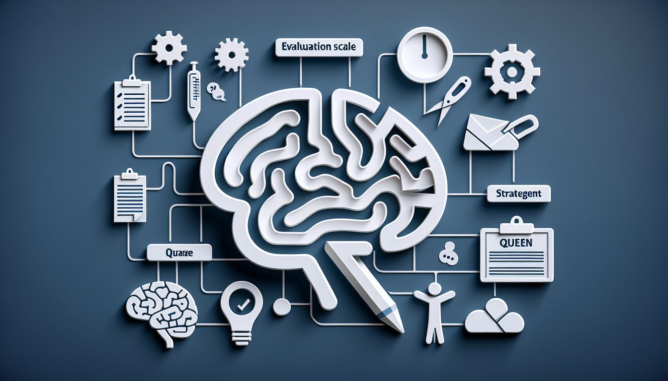 Paper art illustration for pain assessment quiz on dark blue background with evaluation scales and management icons