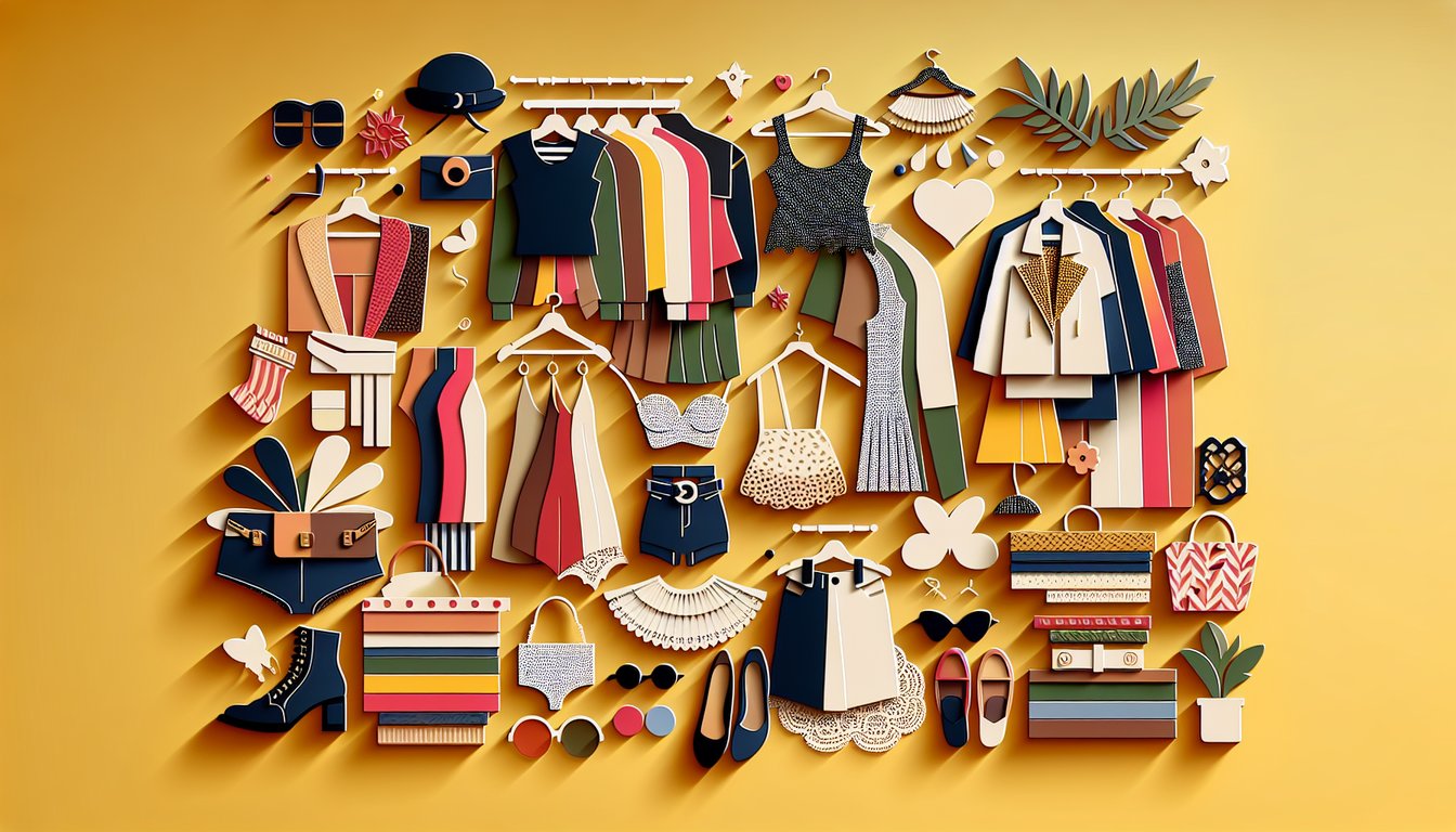 paper art collage of dresses shoes and accessories in bold prints and classic looks on golden yellow background