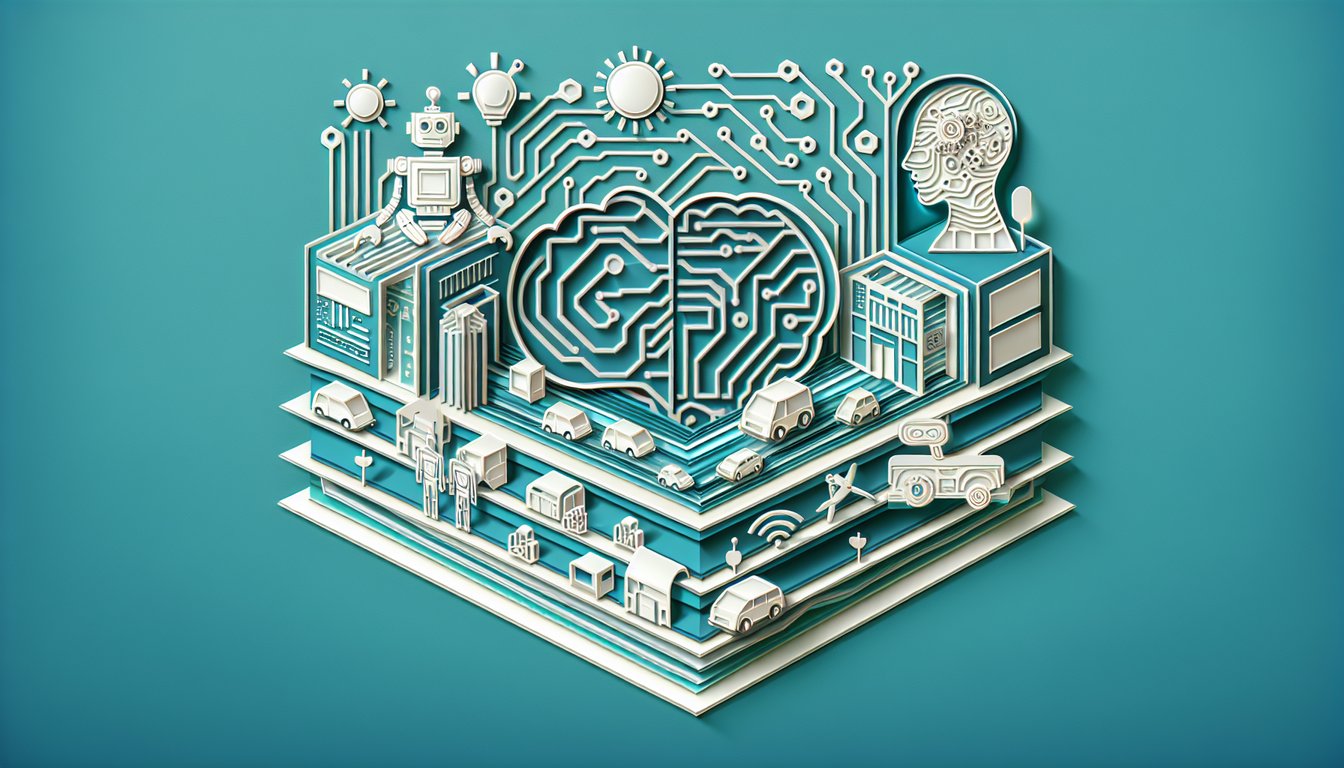 Paper art style brain circuit illustration with AI trivia quiz text on teal background.