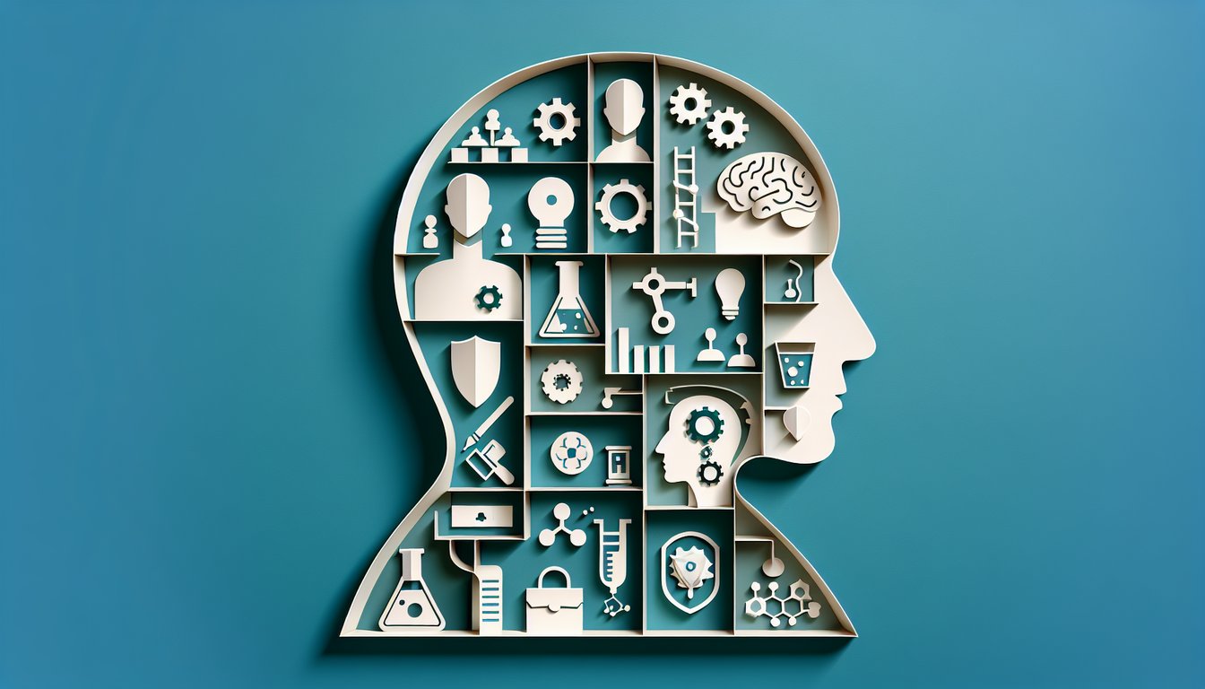 Paper art illustration for quiz to discover if you are a mastermind, scientist, or actor on teal background