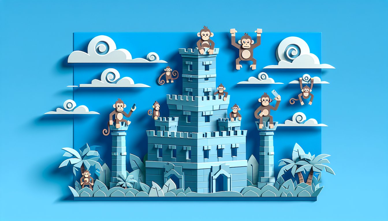 Paper art Bloons TD 5 quiz banner featuring monkeys and towers on sky blue background