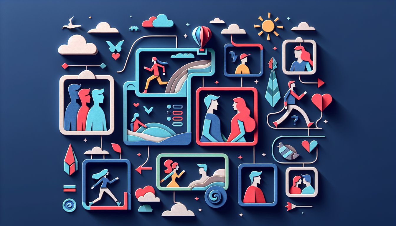 Paper art illustration for a personality match quiz on a dark blue background